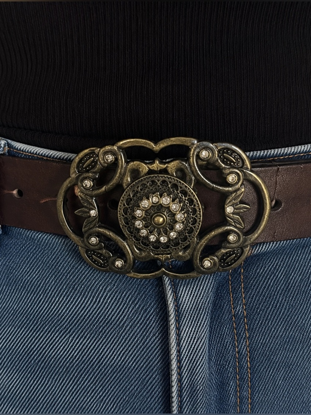 Ricki's Dark Brown Leather Belt with Ornate Gold-Tone Crystal Buckle